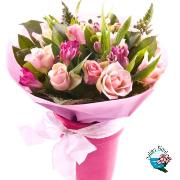bouquet di roselline e alstroemerie rosa
